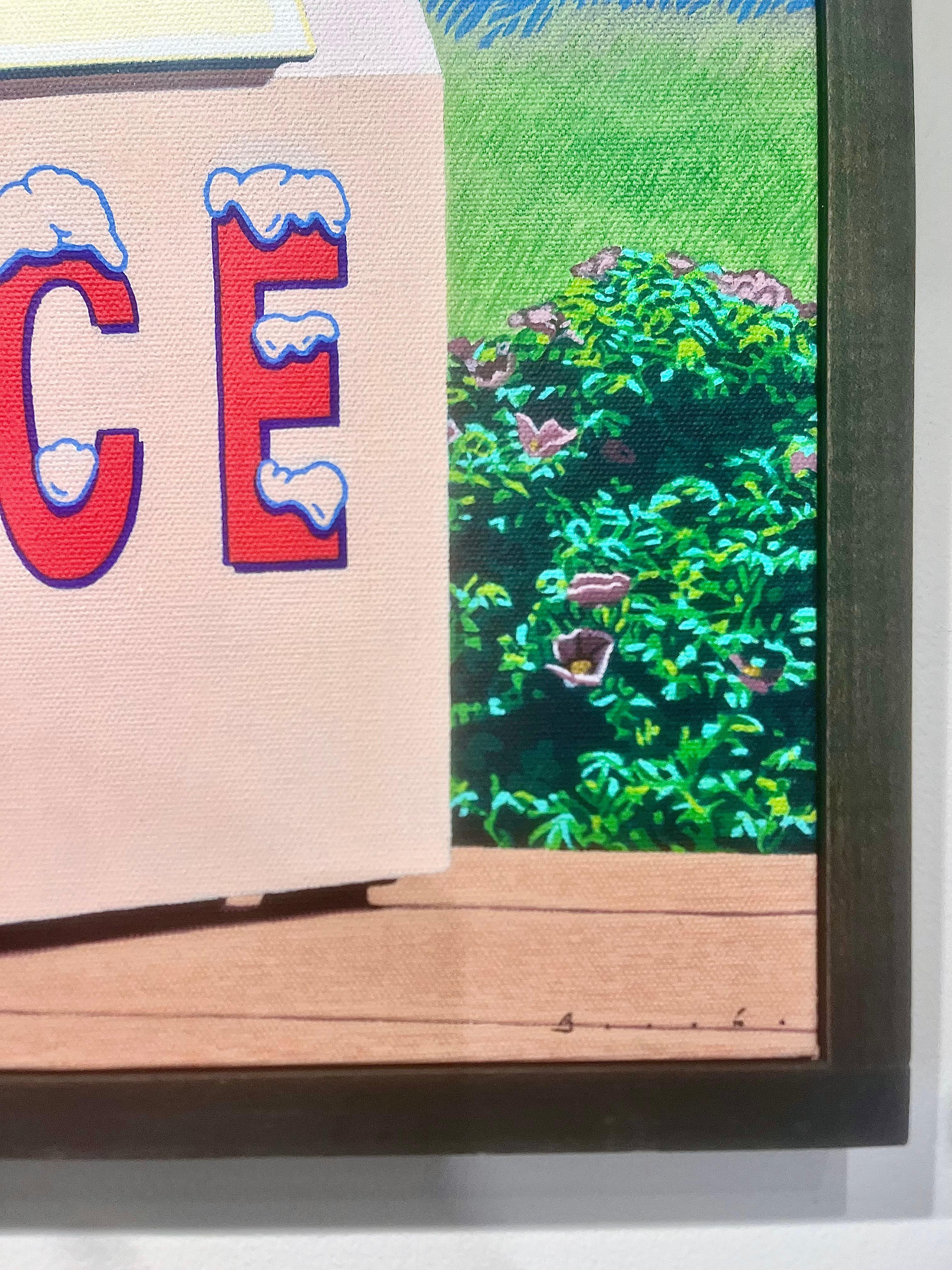 Fotorealistisches Ölgemälde „Eis und Teppichosa“ mit weißer Eismaschine und blauem Himmel im Angebot 1