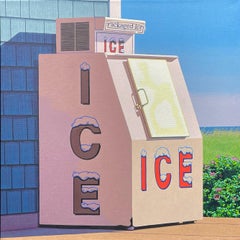 Fotorealistisches Ölgemälde „Eis und Teppichosa“ mit weißer Eismaschine und blauem Himmel