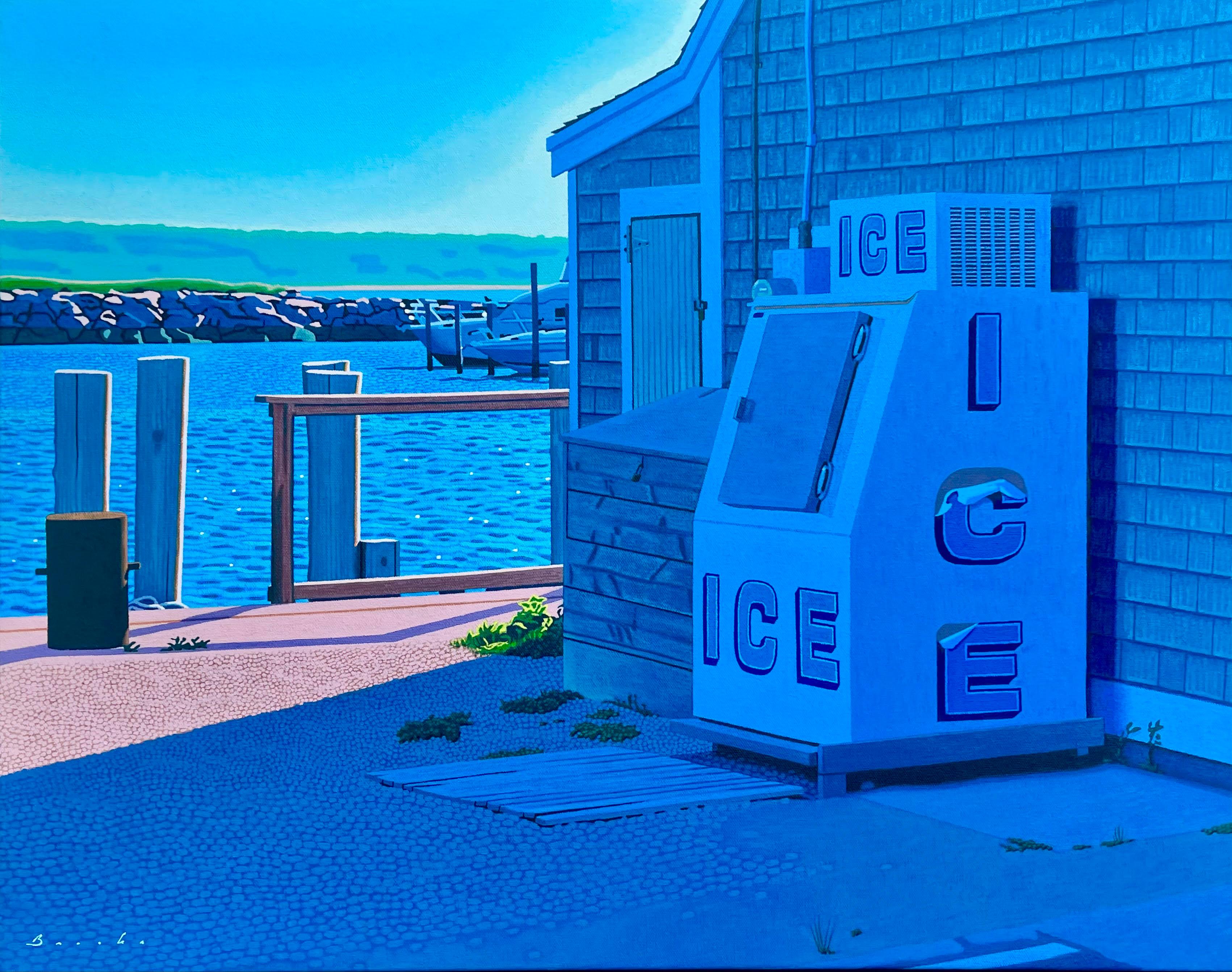 Rob Brooks Still-Life Painting - "Ice Bin" oil painting of and old-fashion Ice bin with docks & jetty in back