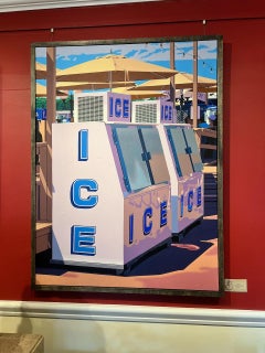 "Ghiaccio, due volte" dipinto a olio fotorealista di macchine del ghiaccio e ombrelloni in estate