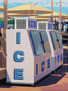 "Ice, Twice" photorealist oil painting of ice machines and umbrellas in summer