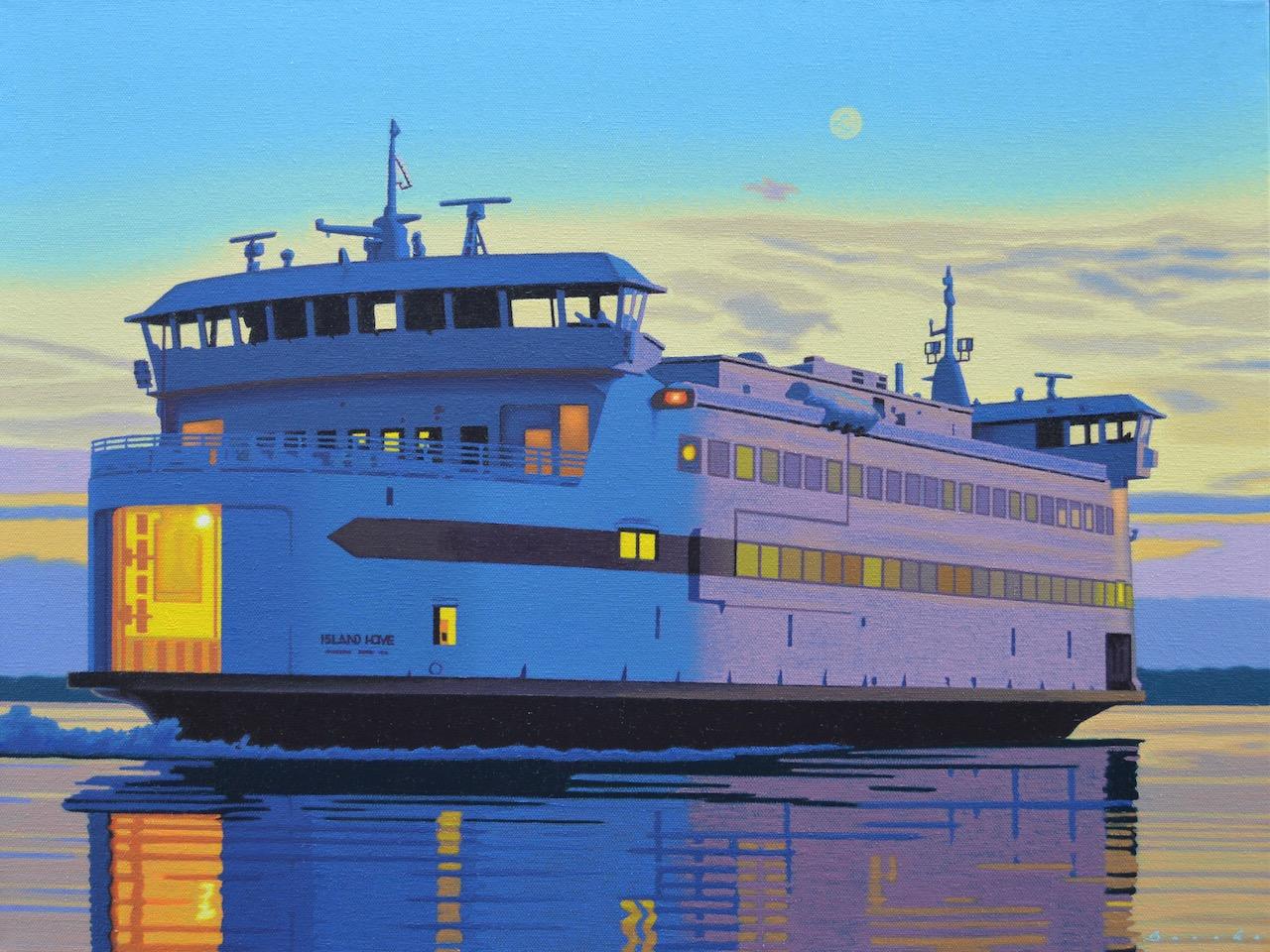 Rob Brooks Landscape Painting - "Late Boat" photorealistic oil painting of a ferry boat to Martha's Vineyard