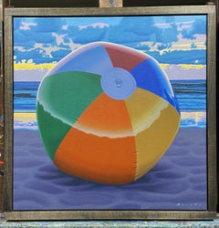 "Left Behind" photorealistic painting of a colorful ball on the beach