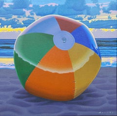 "Left Behind" photorealistic painting of a colorful ball on the beach