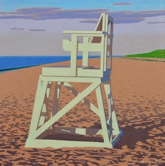 « Chaise Lifeguard » - Peinture d'une plage aux couleurs vives à la lumière du début du matin