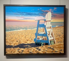 "Lifeguard Chair" photorealist oil painting of a white lifeguard stand on beach