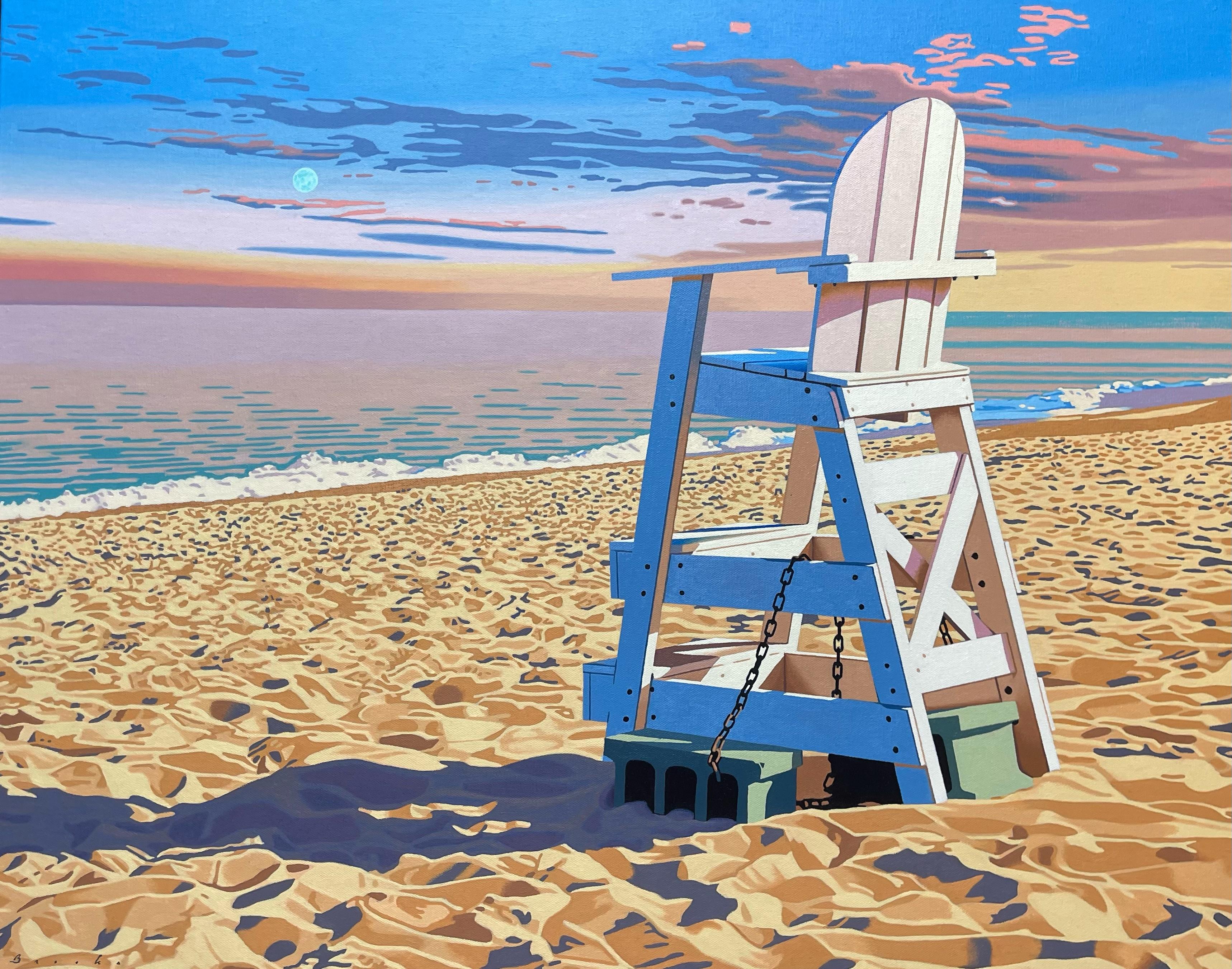 Landscape Painting Rob Brooks - "Chaise de sauveteur" peinture à l'huile photoréaliste d'un stand de sauveteur blanc sur la plage.