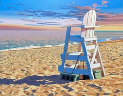 "Chaise de sauveteur" peinture à l'huile photoréaliste d'un stand de sauveteur blanc sur la plage.