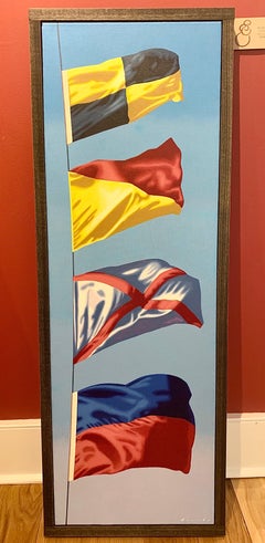 "L.O.V.E" Oil painting of four colorful flags with blue sky behind