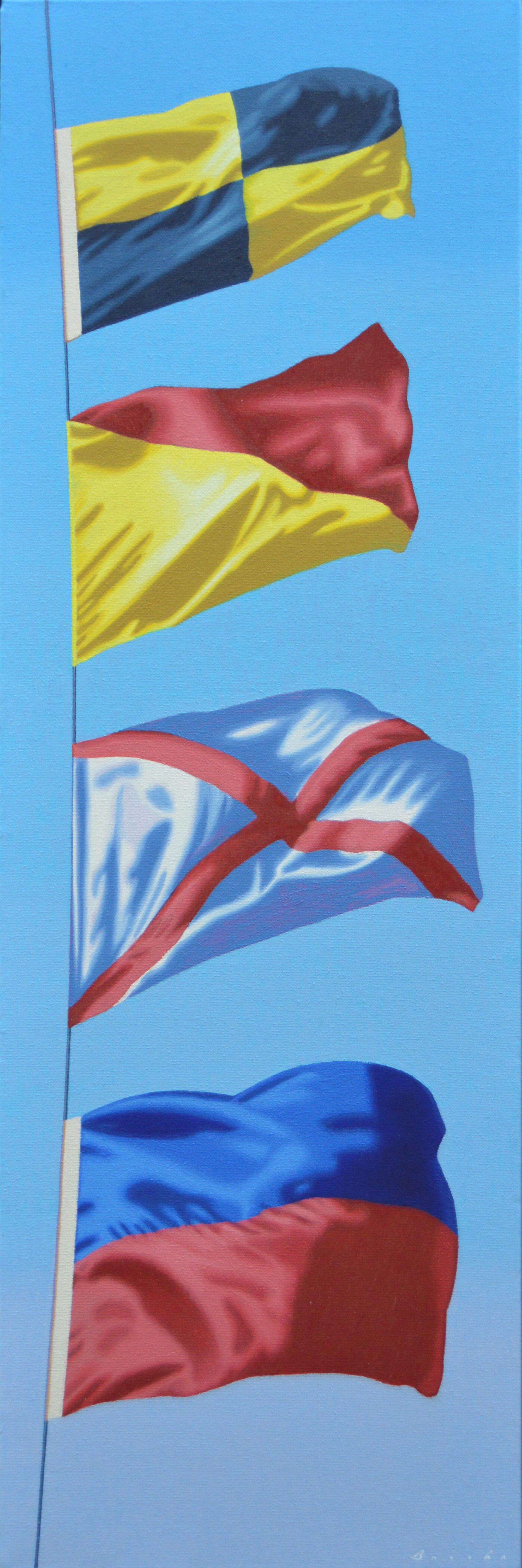 Rob Brooks Still-Life Painting - "L.O.V.E" Oil painting of four colorful flags with blue sky behind