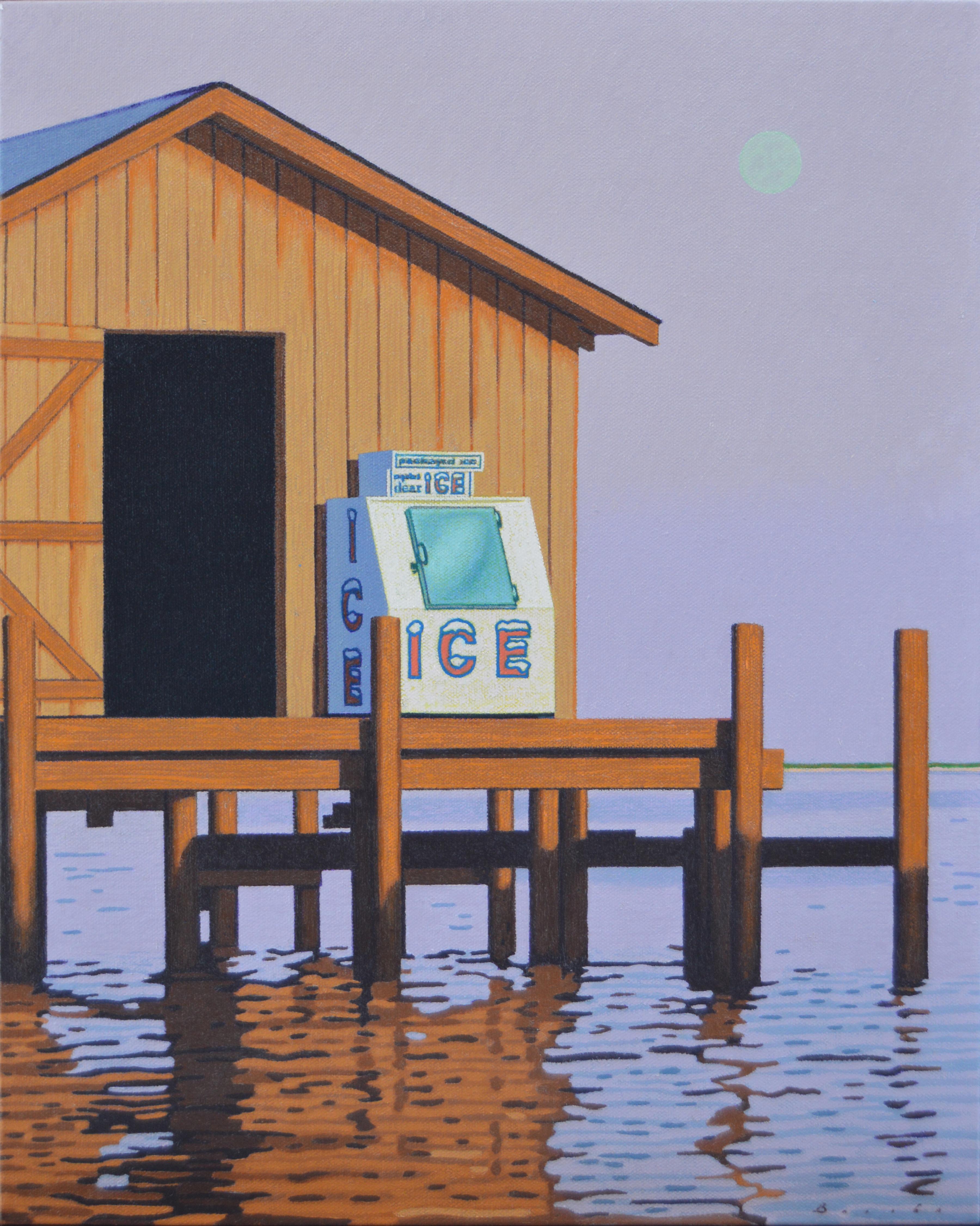Rob Brooks Landscape Painting - "Moonrise Ice" Photorealistic oil painting of an icebox on a dock, purple sky
