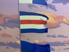 "PEACE" photorealistic oil painting of five flags with pink and purple clouds