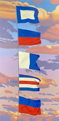 "PEACE" photorealistic oil painting of five flags with pink and purple clouds 