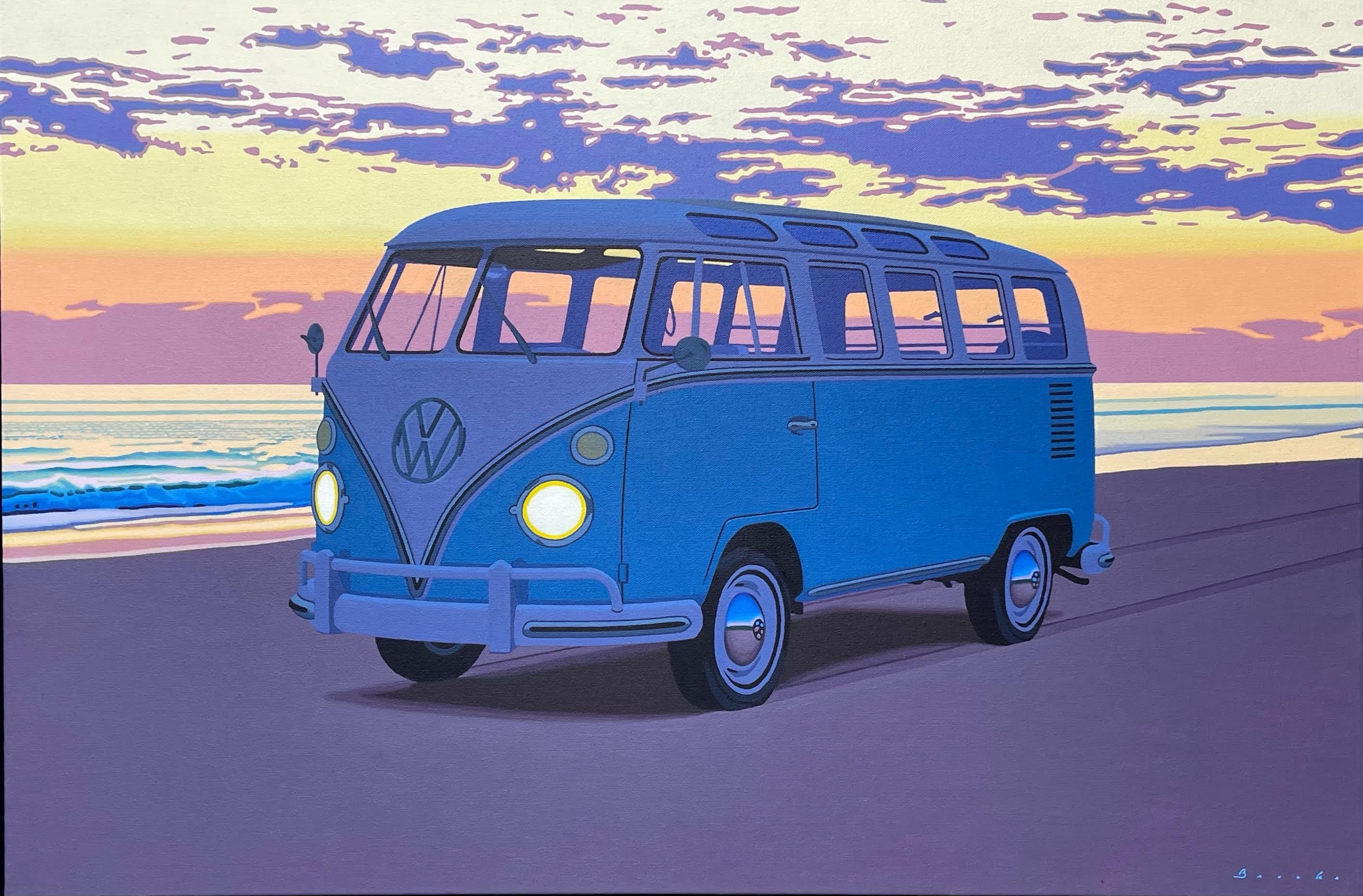 Rob Brooks Figurative Painting - "Samba After Sundown" oil painting of a blue VW bus parked on the beach, sunset