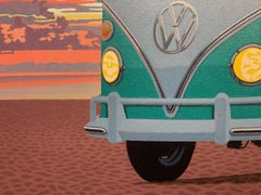 "Samba, Afterglow" photorealistic oil painting of green VW bus on beach, sunset