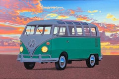 "Samba, Afterglow" photorealistic oil painting of green VW bus on beach, sunset