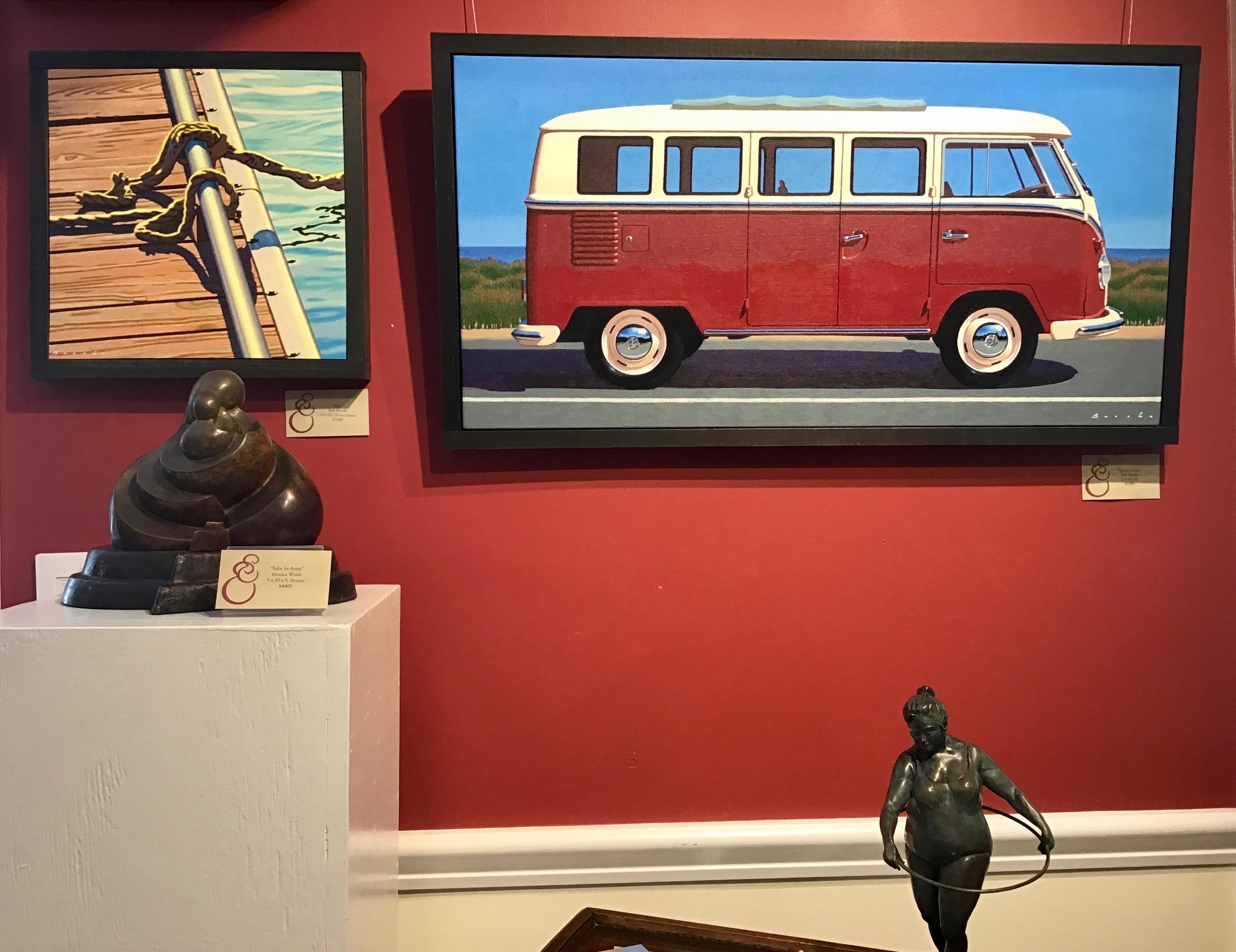 “Samba at State” Photorealist oil painting of maroon vintage Volkswagen Bus - Painting by Rob Brooks