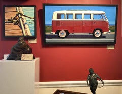 “Samba at State” Photorealist oil painting of maroon vintage Volkswagen Bus