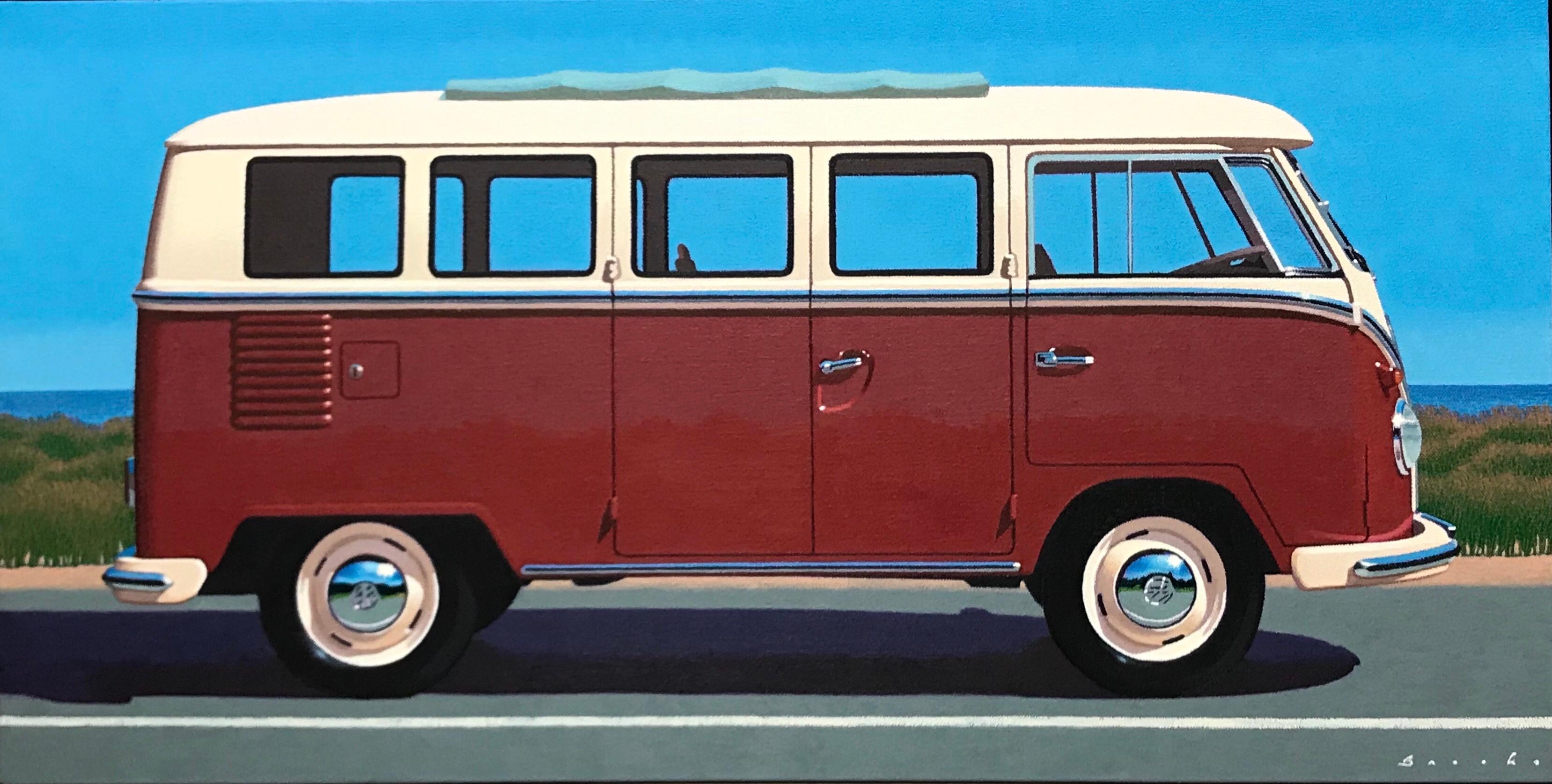 Rob Brooks Figurative Painting - “Samba at State” Photorealist oil painting of maroon vintage Volkswagen Bus