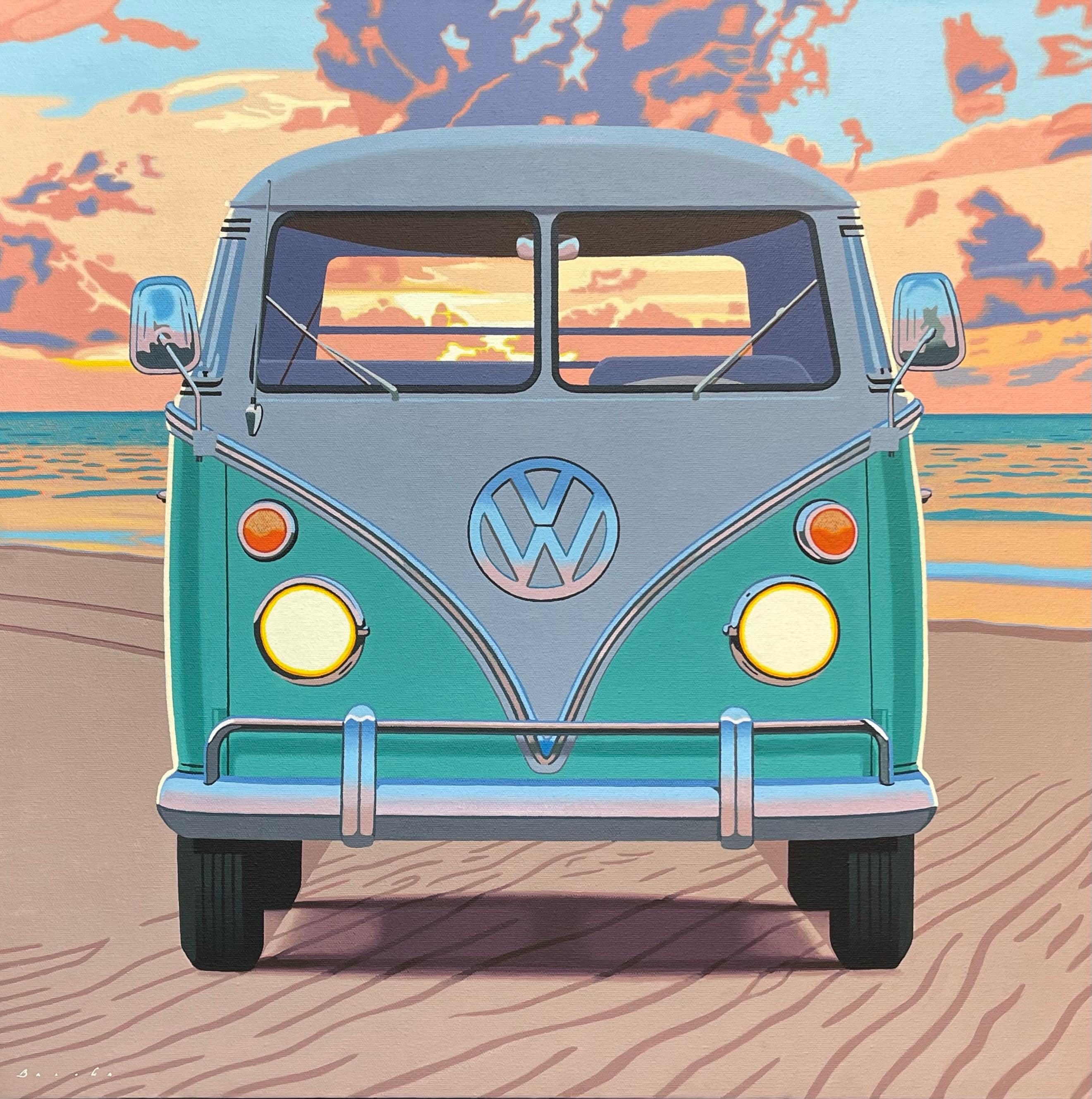 "Samba Sherbet" oil painting of a green VW bus on the beach at sunset