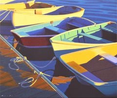 Used ""Skiffs" oil painting of colorful row boats lined up at a dock in the water