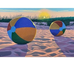 Fotorealistisches Ölgemälde „Solar System“ mit zwei Strandkugeln im Sand bei Sonnenuntergang