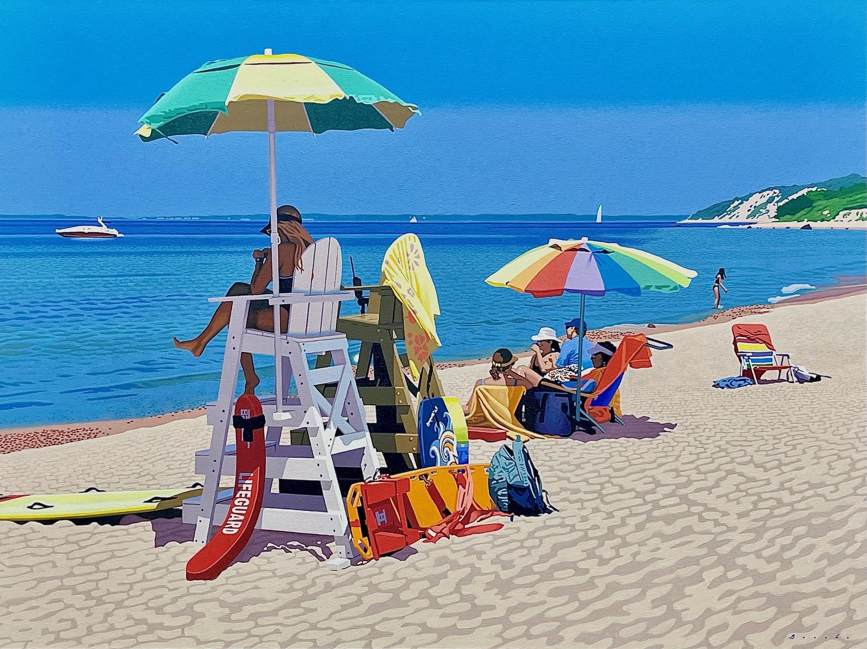 Rob Brooks Landscape Painting - "Summer Job" photorealist oil painting of a lifeguard on the beach, umbrellas