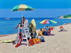 "Summer Job" photorealist oil painting of a lifeguard on the beach, umbrellas