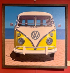 "Sunny Samba" Oil painting of a yellow vintage Volkswagen bus on the beach