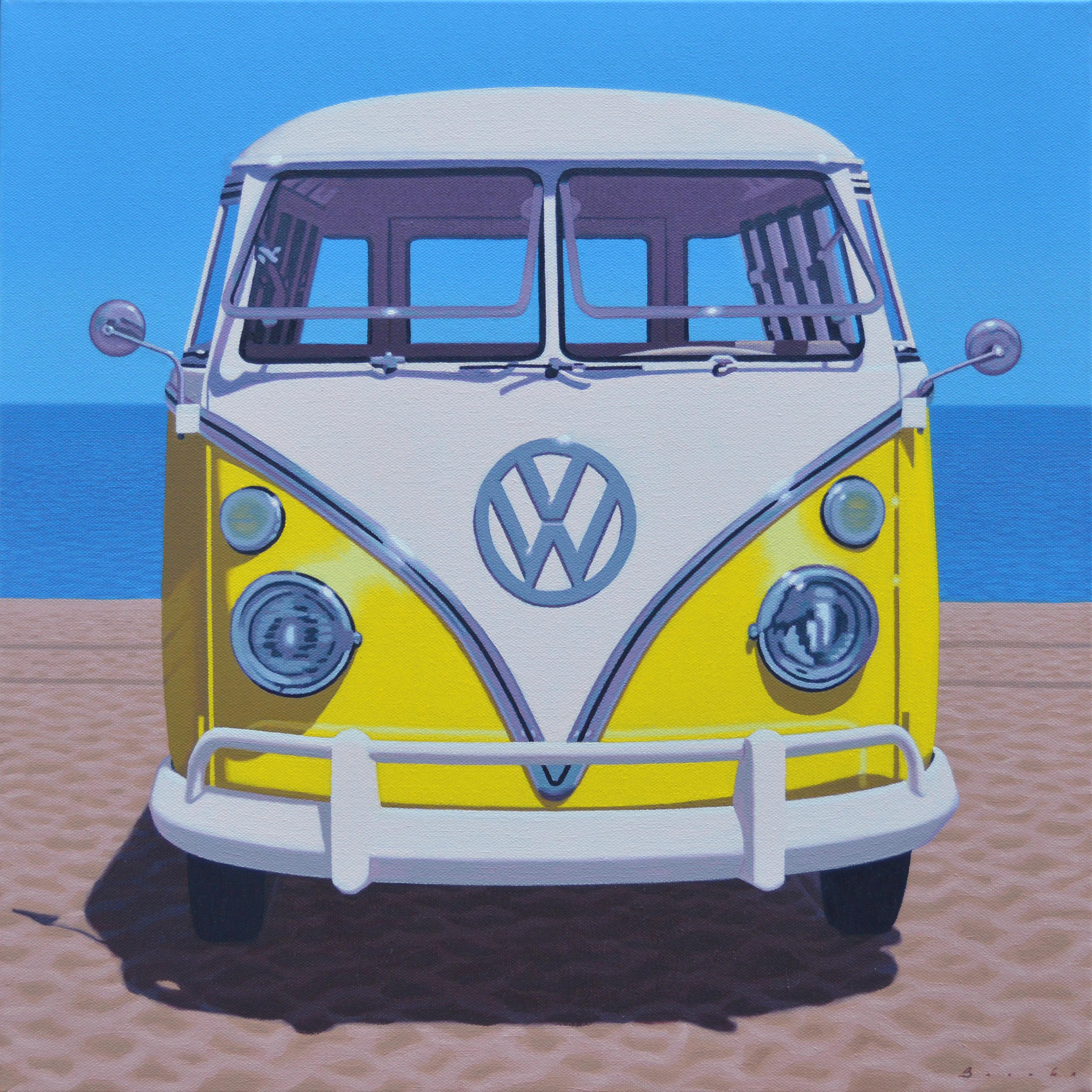 Rob Brooks Still-Life Painting - "Sunny Samba" Oil painting of a yellow vintage Volkswagen bus on the beach
