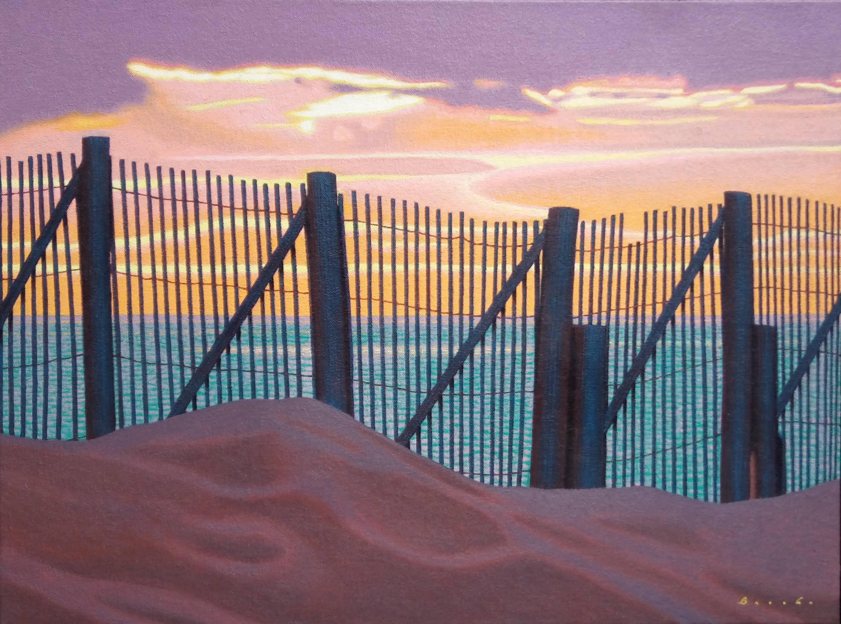 Rob Brooks Landscape Painting - "Sunset Fence" Silhouette of a Fence on the Beach with Dramatic Sunset Sky