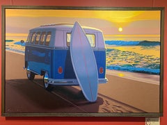 "Sunset Samba" photorealistic oil painting of vintage VW bus on the beach
