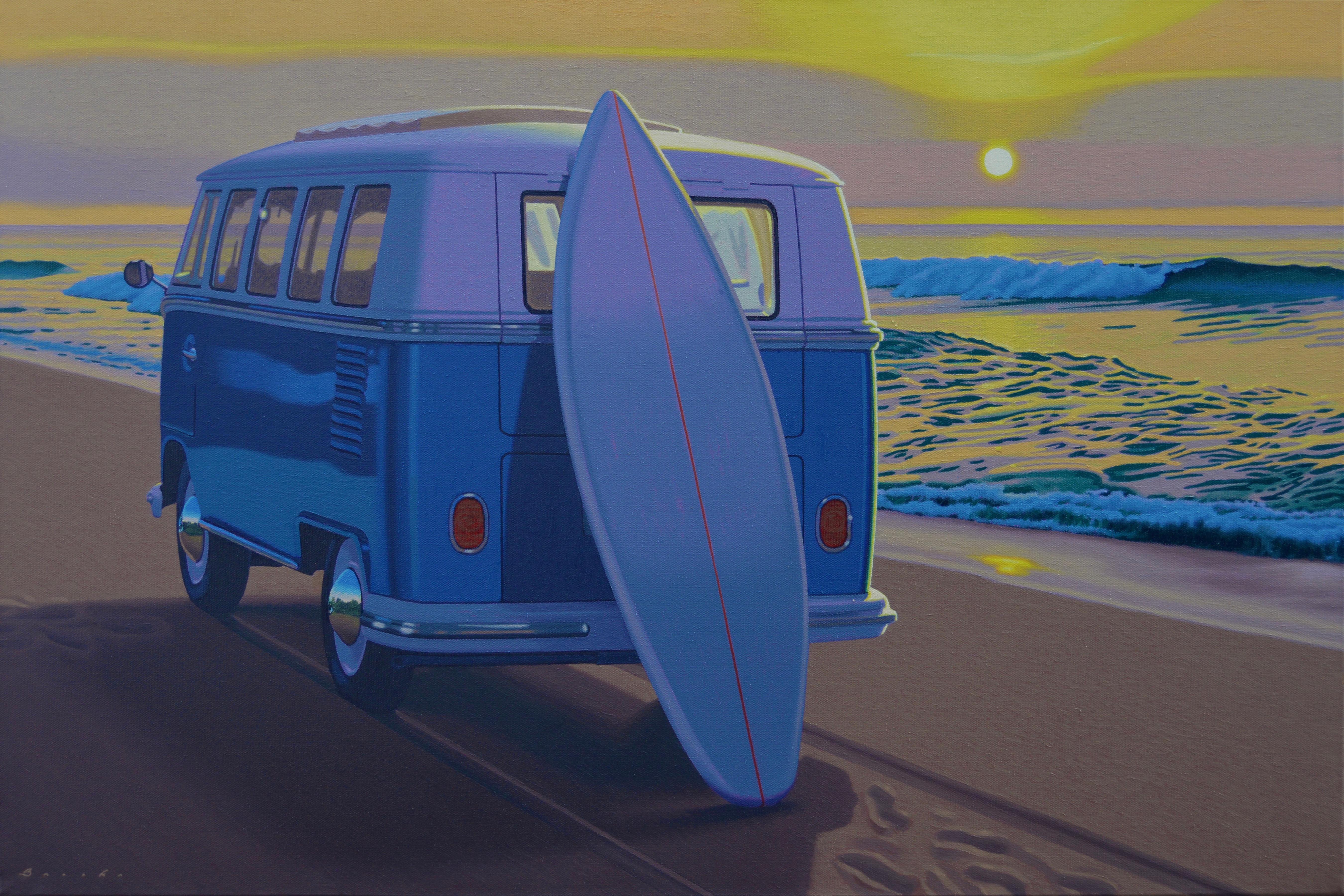 Rob Brooks Landscape Painting - "Sunset Samba" photorealistic oil painting of vintage VW bus on the beach