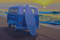 "Sunset Samba" photorealistic oil painting of vintage VW bus on the beach