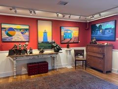 Portrait figuratif « Sunset Surf » d'un bus VW sur une plage au coucher du soleil.