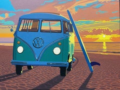 "Sunset Surf" Photorealist oil painting of a VW Bus on a beach at sunset.