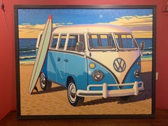 "Surfboard Samba" photorealistic oil painting of vintage blue Volkswagen bus
