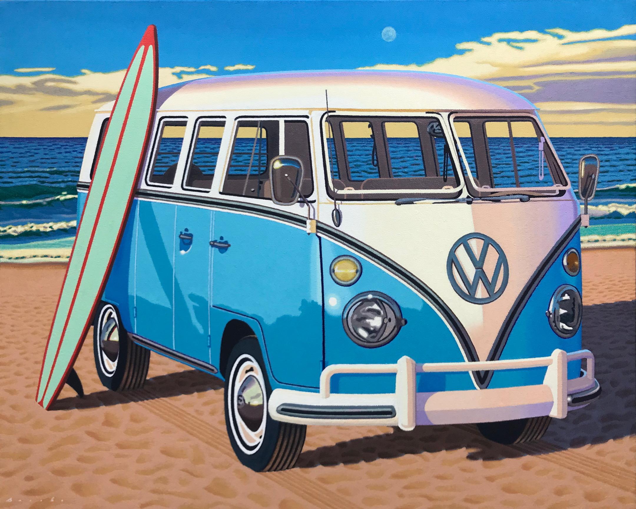 Rob Brooks Still-Life Painting - "Surfboard Samba" photorealistic oil painting of vintage blue Volkswagen bus