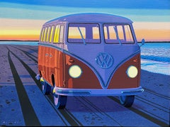 "Twilight Cruise" oil painting of a red VW bus driving on the beach at sunset