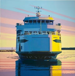 "Twilight Ferry" photorealist oil painting of a ferry boat on the water, sunset