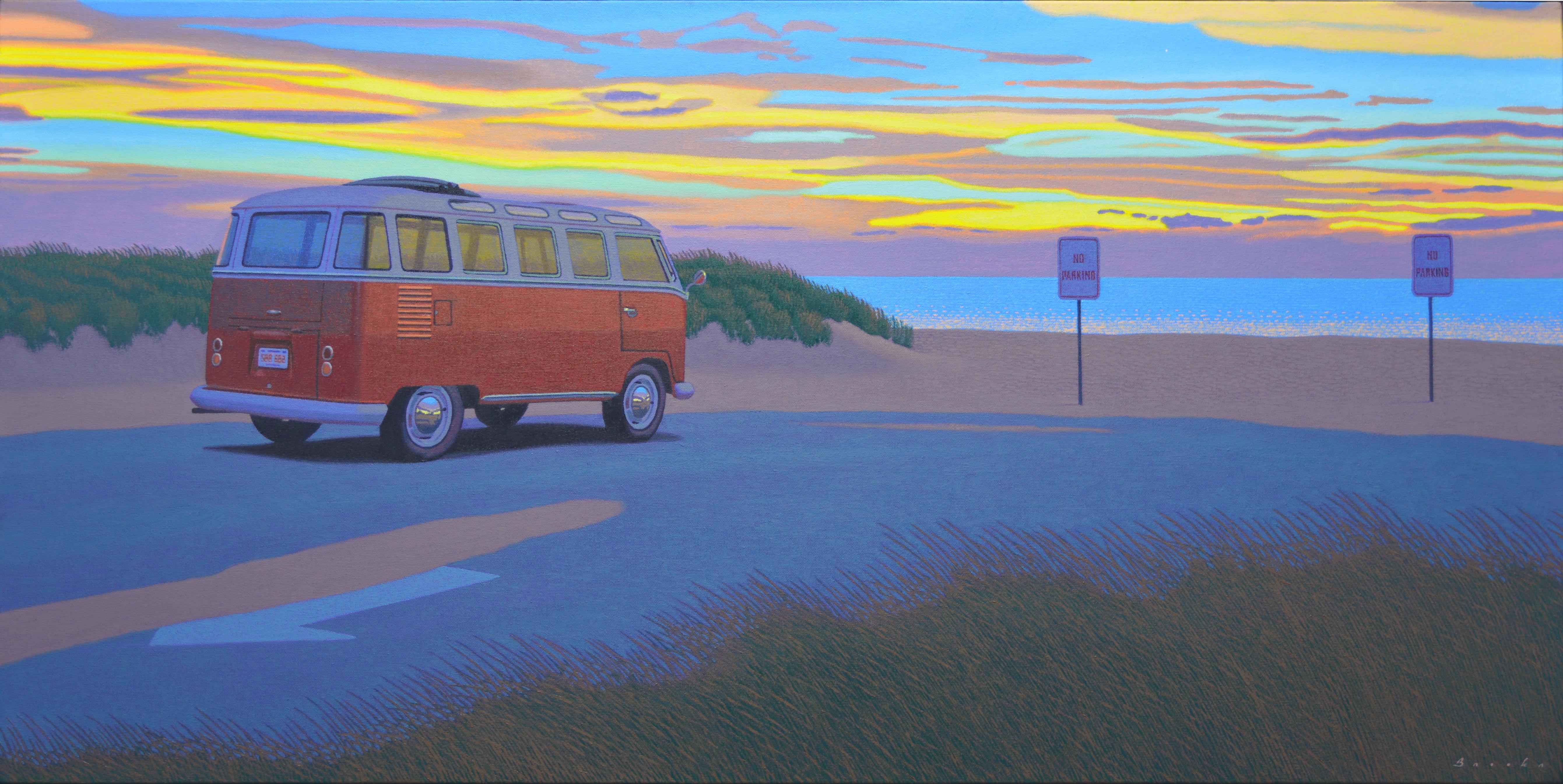 Rob Brooks Landscape Painting - "Twilight Samba" oil painting of VW Bus at the Beach with Yellow Pink Blue Sky