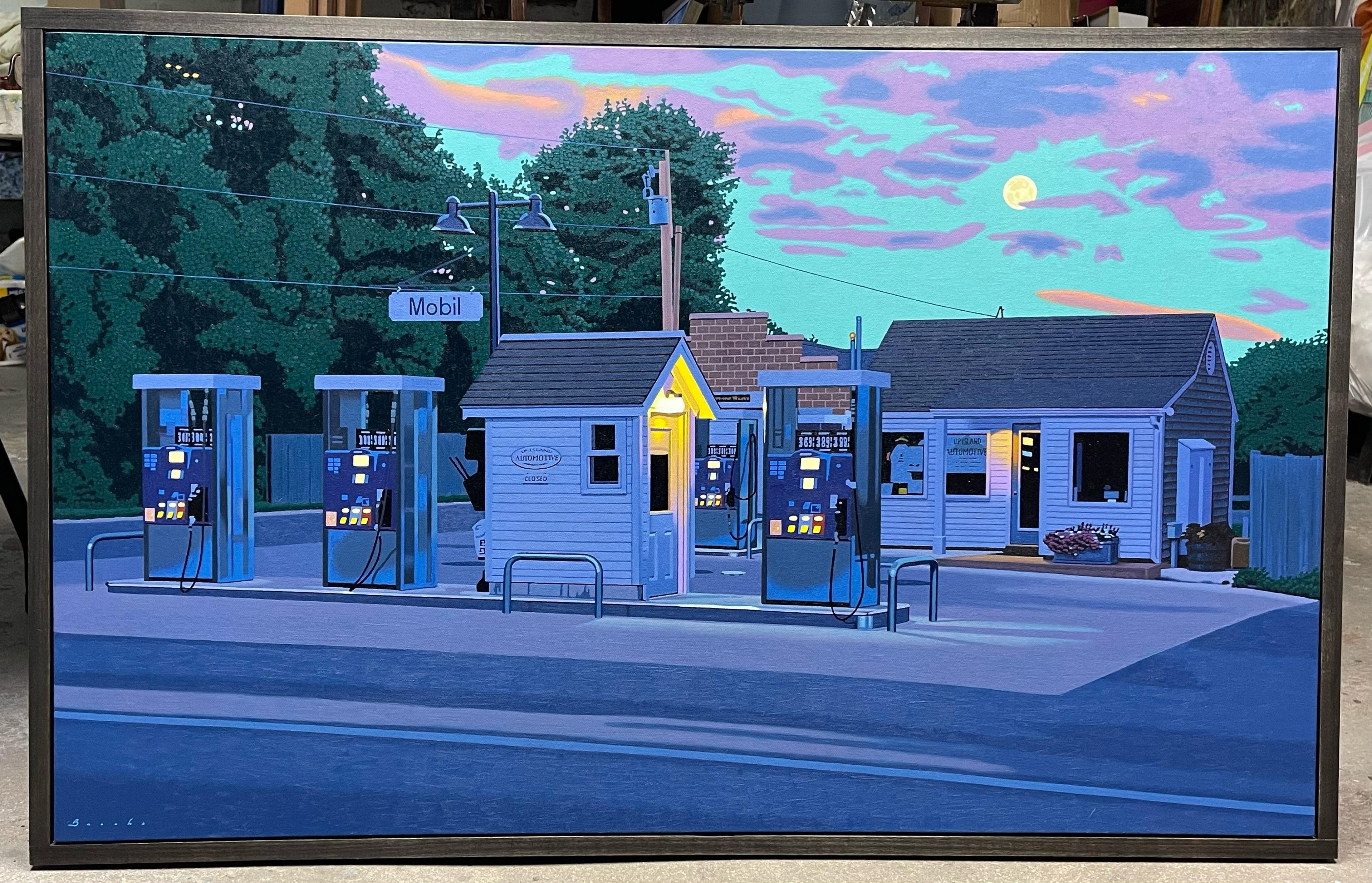 Rob Brooks "Up Island" Oil painting of a Mobil gas station at night