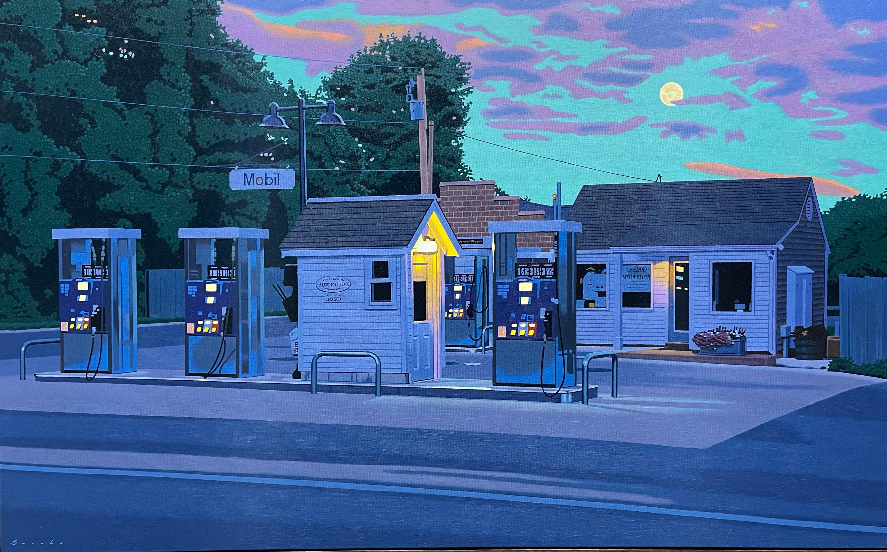 Rob Brooks Figurative Painting - "Up Island" Oil painting of a Mobil gas station at night in the moonlight