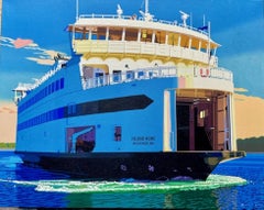 "Vineyard Voyage" a fun bright ferry painted coming into the port
