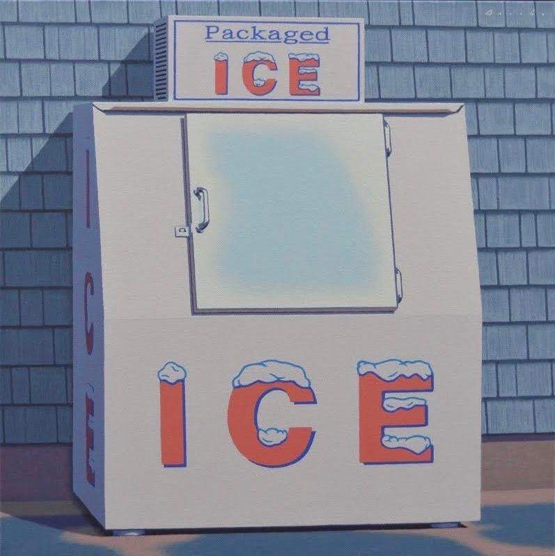 Rob Brooks Still-Life Painting - "Weathered Ice" Oil painting of an ice box in front of a shingled building