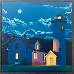 "West Chop Moon Light" dipinto a olio di una casa luminosa che riscalda un cielo blu intenso