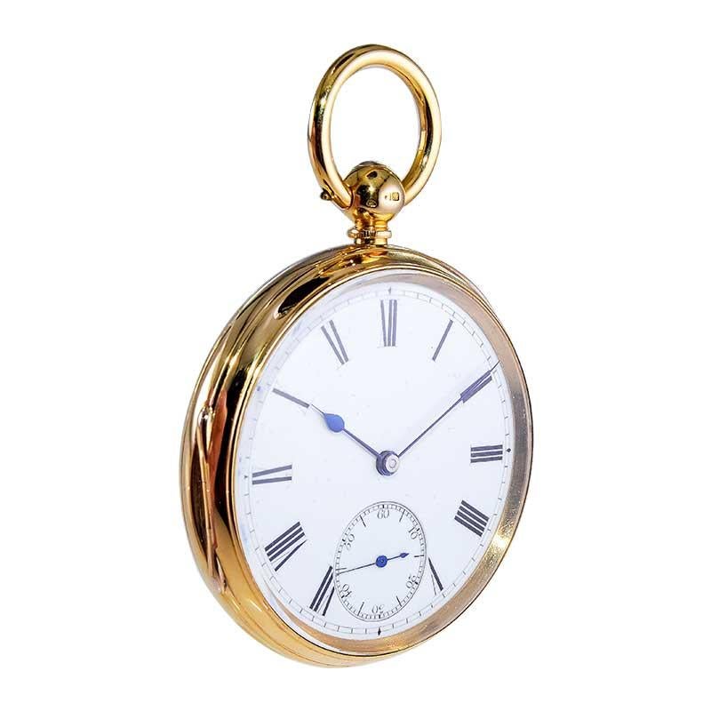 FACTORY / HOUSE: Rob Crook
STYLE / REFERENCE: Open Face / Pocket Watch Keywind
METAL / MATERIAL: 18kt Yellow Gold
CIRCA: 1845
DIMENSIONS: Diameter 47mm 
MOVEMENT / CALIBER: Key Winding / 13 Jewels 
DIAL / HANDS: Original Enamel with Roman Numerals /