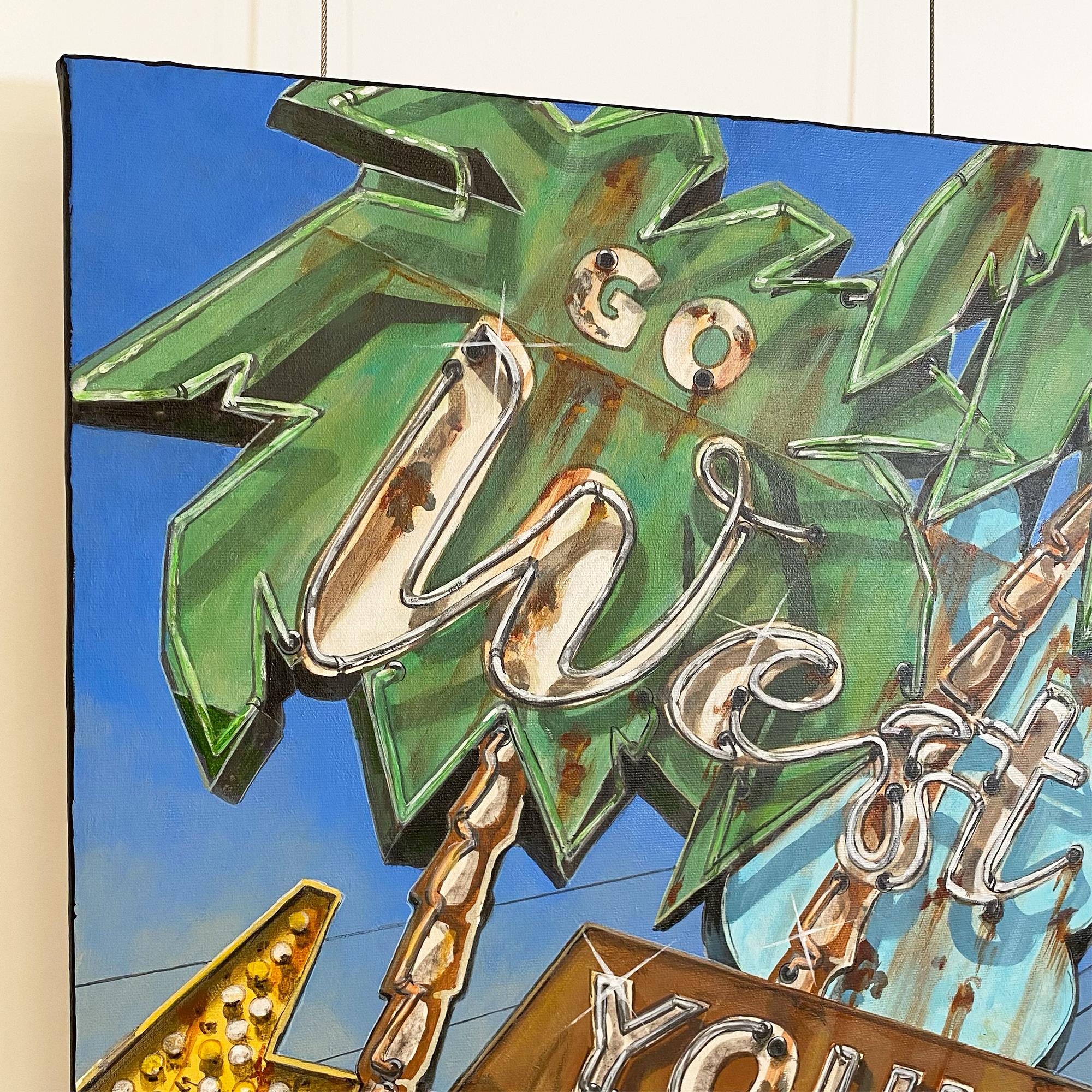 Go West (Young Man), peinture inspirée d'une enseigne lumineuse de film avec des palmiers. en vente 1