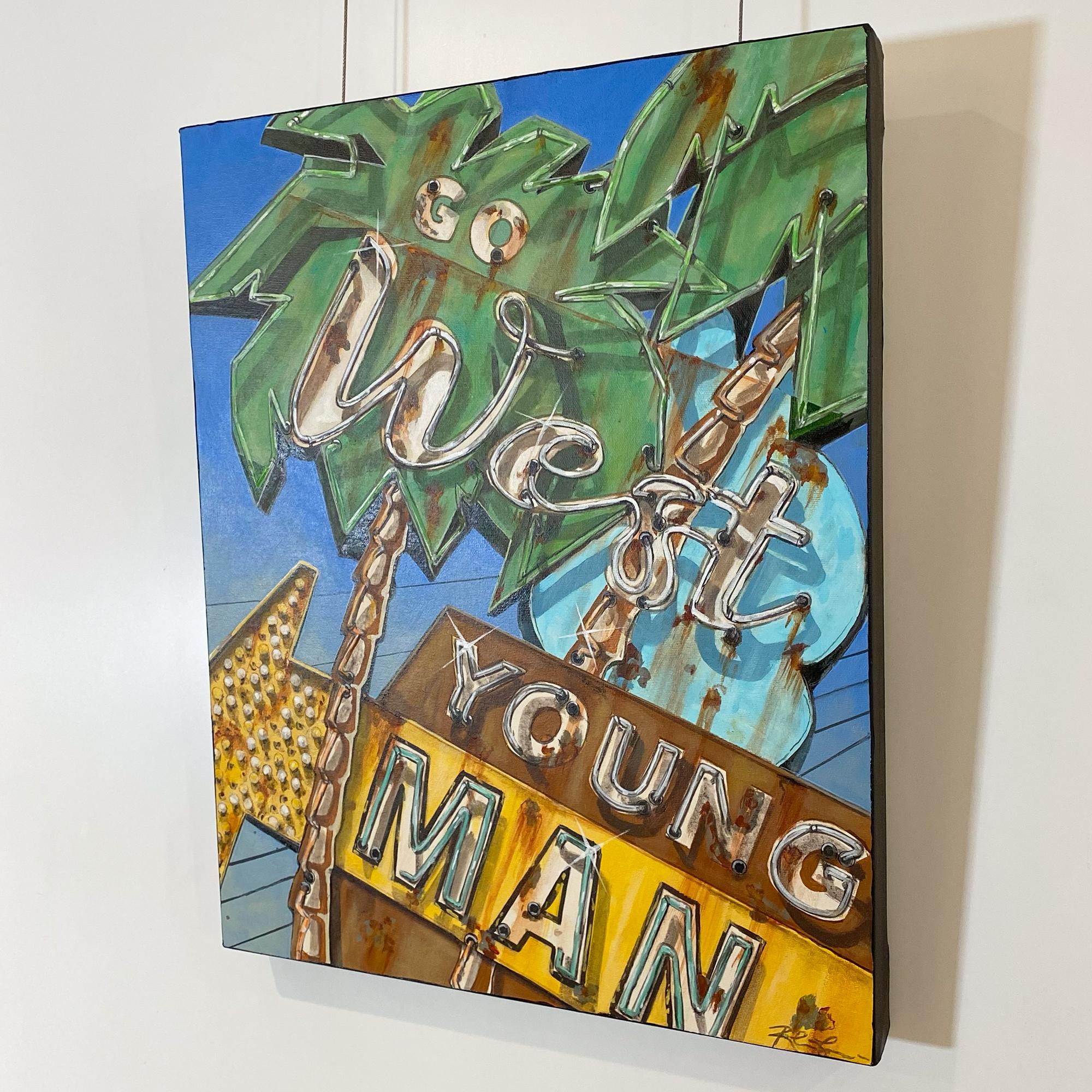 Go West (Young Man), peinture inspirée d'une enseigne lumineuse de film avec des palmiers. en vente 2