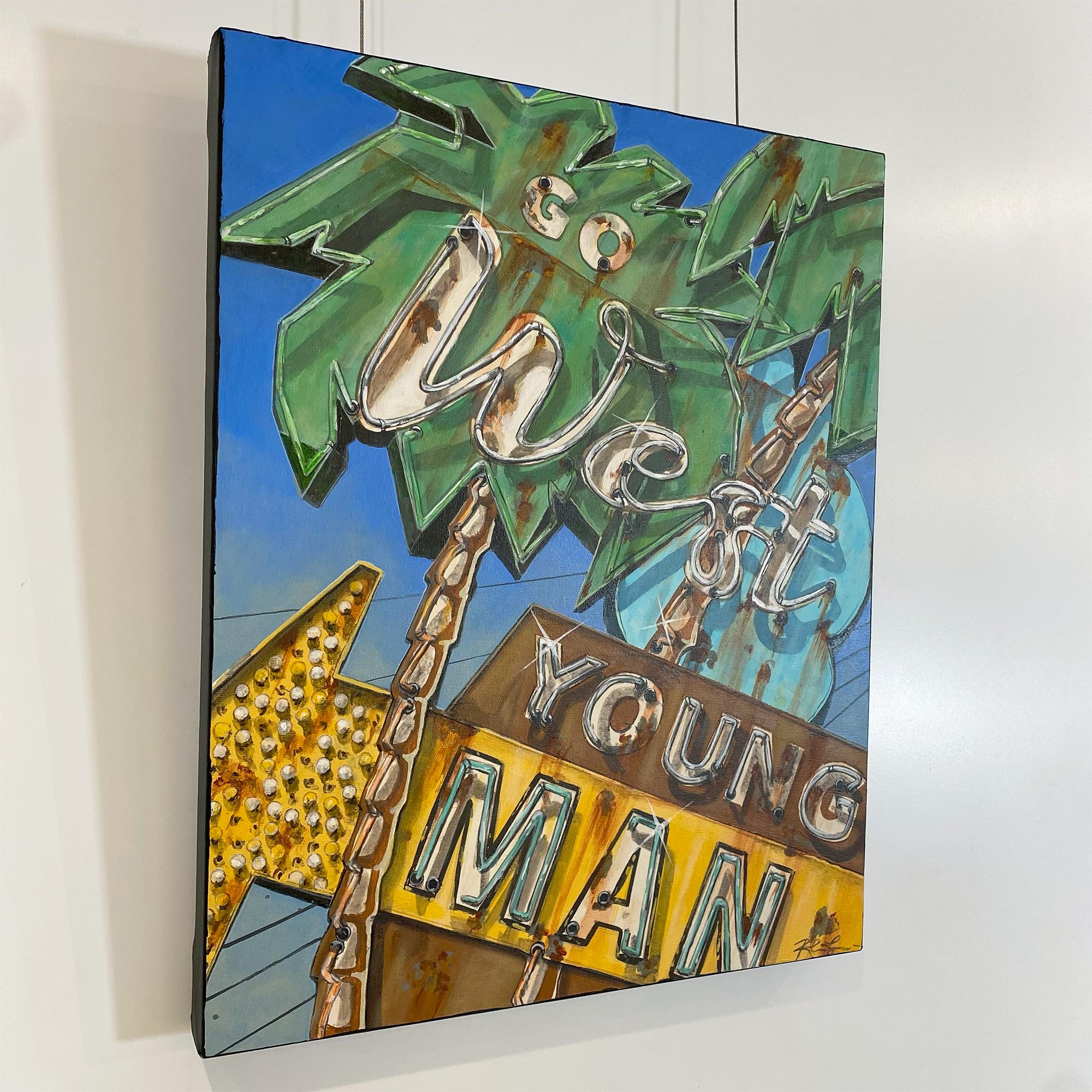 Go West (Young Man), peinture inspirée d'une enseigne lumineuse de film avec des palmiers. en vente 3